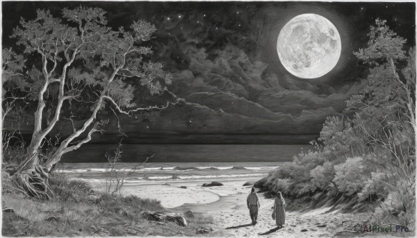 1girl,1boy,standing,monochrome,greyscale,outdoors,japanese clothes,multiple boys,sky,cloud,2boys,kimono,tree,night,traditional media,moon,grass,star (sky),nature,night sky,scenery,full moon,forest,starry sky,walking,water,from behind,ocean,animal,dog,horizon,silhouette,landscape