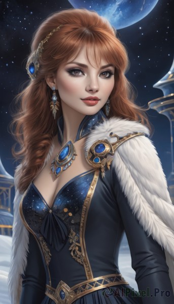 1girl,solo,long hair,breasts,looking at viewer,smile,brown hair,hair ornament,long sleeves,dress,cleavage,brown eyes,jewelry,medium breasts,upper body,earrings,sky,cape,black dress,lips,fur trim,makeup,night,watermark,moon,lipstick,gem,star (sky),starry sky,gold trim,realistic,red lips,space,planet,earth (planet),artist name,necklace,blue dress