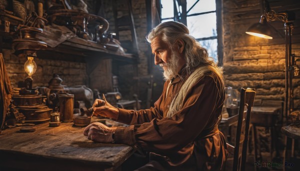 solo,long hair,long sleeves,1boy,hat,holding,sitting,white hair,male focus,indoors,from side,cup,coat,book,window,profile,facial hair,chair,table,beard,mustache,lamp,old,smoking pipe,old man,grey hair,day,signature,paper,realistic,jar,quill,wrinkled skin