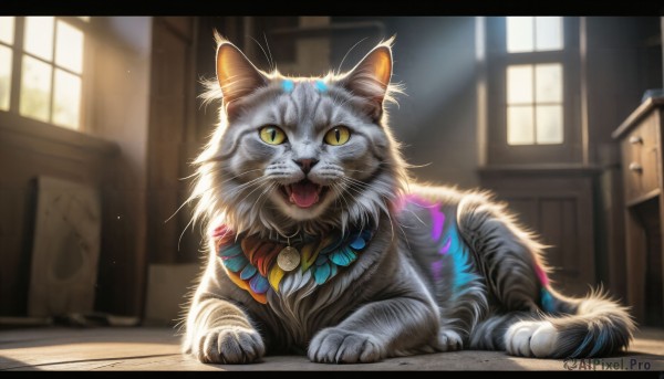 HQ,solo,looking at viewer,open mouth,jewelry,yellow eyes,tongue,indoors,tongue out,necklace,blurry,no humans,window,blurry background,animal,fangs,sunlight,cat,letterboxed,slit pupils,beads,animal focus,yellow sclera,lying,day,signature,depth of field,wooden floor,realistic,whiskers