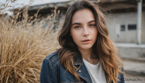 1girl,solo,long hair,looking at viewer,brown hair,shirt,brown eyes,closed mouth,jacket,white shirt,upper body,multicolored hair,outdoors,open clothes,day,blurry,open jacket,lips,depth of field,blurry background,denim,blue jacket,messy hair,forehead,realistic,nose,denim jacket,parted lips,thick eyebrows,grass,portrait,photo background