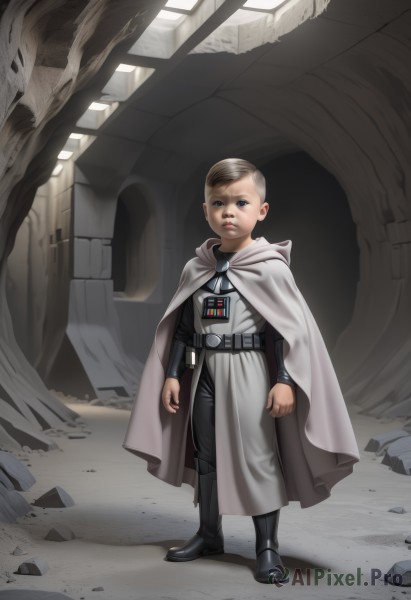 solo,looking at viewer,blue eyes,blonde hair,brown hair,1boy,standing,full body,male focus,boots,belt,indoors,hood,cape,black footwear,aged down,child,clenched hands,science fiction,rock,realistic,male child,animification,ruins,superhero,grey cape,serious,rubble