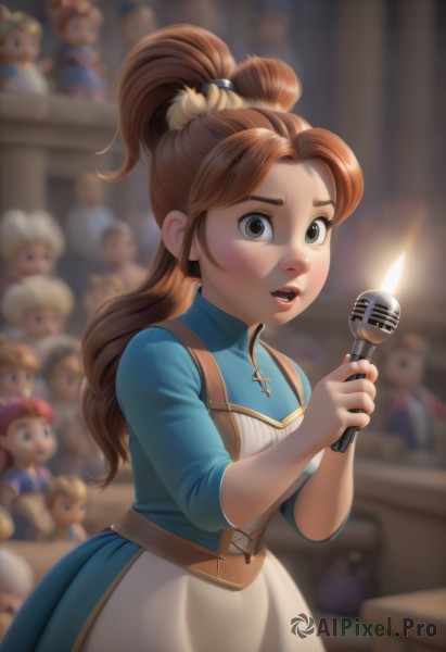 1girl,solo,long hair,looking at viewer,open mouth,brown hair,dress,holding,green eyes,ponytail,teeth,solo focus,indoors,blurry,apron,lips,depth of field,blurry background,blue dress,high ponytail,microphone,wide-eyed,candle,blush,artist name,watermark,cross,web address,freckles,doll,holding microphone,candlestand