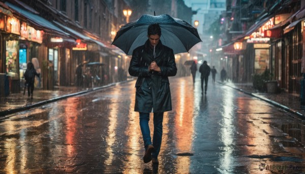 short hair, black hair, long sleeves, 1boy, holding, jacket, male focus, outdoors, multiple boys, shoes, solo focus, pants, black footwear, black jacket, night, umbrella, black pants, building, reflection, walking, rain, holding umbrella, city, road, street, puddle, crosswalk