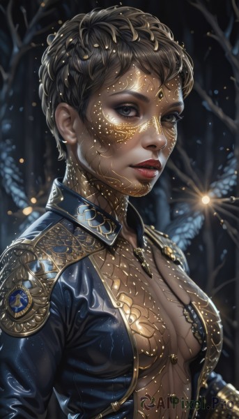 1girl,solo,breasts,looking at viewer,short hair,brown hair,black hair,cleavage,jewelry,medium breasts,jacket,upper body,braid,parted lips,open clothes,teeth,artist name,dark skin,necklace,blurry,black eyes,lips,grey eyes,eyelashes,makeup,blurry background,bug,lipstick,gold trim,nose,center opening,red lips,eyeliner,very short hair,mascara,tree,gem,freckles