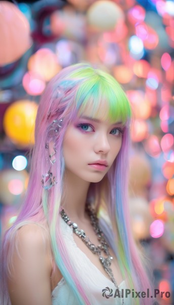 1girl,solo,long hair,breasts,looking at viewer,bangs,blue eyes,hair ornament,dress,bare shoulders,jewelry,closed mouth,green eyes,upper body,pink hair,braid,multicolored hair,earrings,green hair,sleeveless,blunt bangs,necklace,white dress,blurry,two-tone hair,lips,eyelashes,aqua hair,gradient hair,makeup,depth of field,blurry background,chain,piercing,lipstick,eyeshadow,pink lips,realistic,nose,bokeh,mascara,rainbow hair,artist name,from side,aqua eyes,looking to the side,watermark,gem,ear piercing,beads,eyeliner