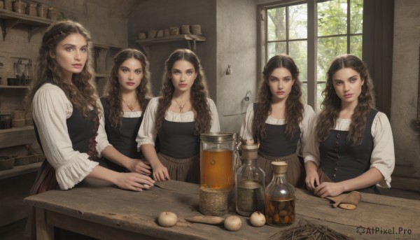 long hair,looking at viewer,smile,multiple girls,skirt,brown hair,shirt,black hair,long sleeves,dress,brown eyes,jewelry,sitting,white shirt,braid,food,day,indoors,necklace,tree,lips,window,4girls,6+girls,wavy hair,table,bottle,5girls,knife,plant,curly hair,brown skirt,realistic,basket,bread,egg,shelf,kitchen,jar,cutting board,hair ornament,signature,onion