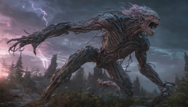 solo,open mouth,red eyes,outdoors,sky,teeth,cloud,tree,no humans,glowing,cloudy sky,sharp teeth,nature,glowing eyes,claws,forest,monster,giant,extra eyes,lightning,alien,eldritch abomination,science fiction,kaijuu