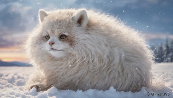 solo, closed mouth, outdoors, sky, cloud, blurry, tree, blue sky, no humans, animal, cloudy sky, snow, snowing, mountain, realistic, animal focus, winter, fluffy