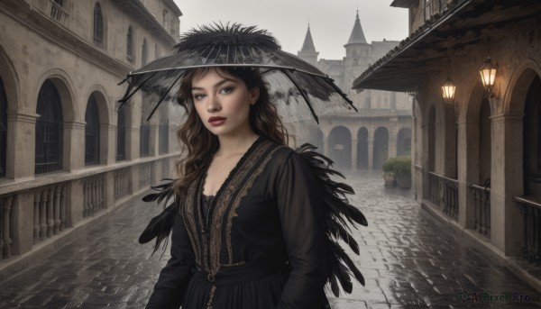 1girl,solo,long hair,breasts,looking at viewer,brown hair,long sleeves,hat,dress,cleavage,brown eyes,upper body,outdoors,parted lips,black dress,lips,makeup,umbrella,feathers,plant,lipstick,building,veil,red lips,road,architecture,lamppost,pavement,black hair,collarbone,sky,black headwear,scenery,lace trim,lace,realistic,street,lace-trimmed dress,arch