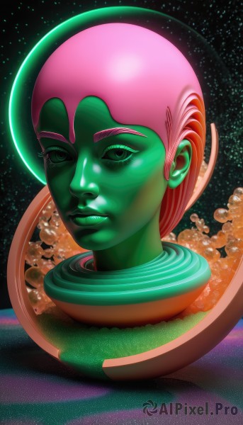 1girl,solo,looking at viewer,green eyes,pink hair,signature,lips,makeup,colored skin,watermark,helmet,lipstick,portrait,star (sky),web address,reflection,realistic,nose,space,green skin,planet,alien,spacesuit,space helmet,astronaut,1boy,male focus,eyelashes,bald,pink skin