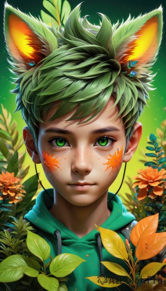 solo,looking at viewer,short hair,bangs,1boy,animal ears,jewelry,closed mouth,green eyes,upper body,flower,male focus,earrings,green hair,artist name,cat ears,hood,lips,gradient,fox ears,gradient background,eyelashes,hoodie,headphones,leaf,watermark,facial mark,hood down,bug,plant,butterfly,portrait,extra ears,androgynous,freckles,nose,facepaint,earphones,earbuds,multicolored hair,thick eyebrows,web address,yellow flower,drawstring,green hoodie