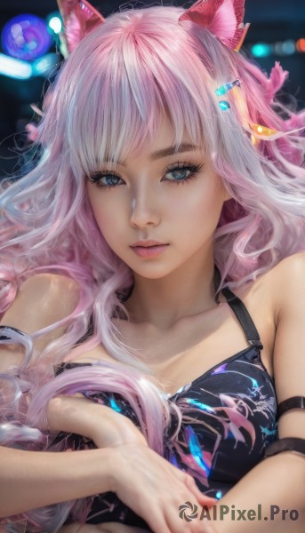 1girl,solo,long hair,breasts,looking at viewer,bangs,blue eyes,hair ornament,animal ears,bare shoulders,collarbone,upper body,pink hair,white hair,multicolored hair,lying,parted lips,hairclip,cat ears,lips,eyelashes,makeup,fake animal ears,pink lips,realistic,nose,medium breasts,closed mouth,underwear,artist name,nail polish,bra,fingernails,grey eyes,animal print,black bra,mascara