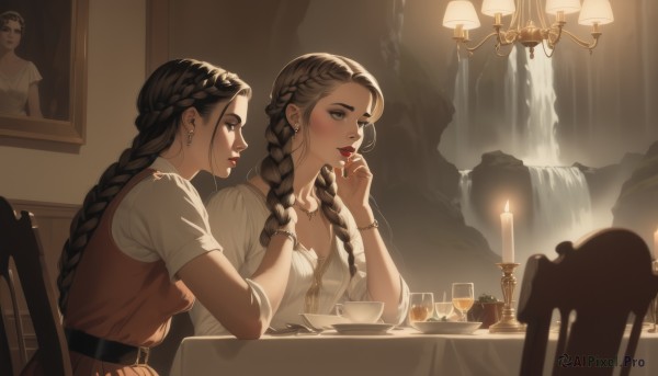 long hair,breasts,multiple girls,brown hair,shirt,black hair,dress,2girls,cleavage,brown eyes,jewelry,sitting,white shirt,braid,short sleeves,earrings,parted lips,belt,indoors,water,necklace,twin braids,bracelet,cup,lips,single braid,makeup,siblings,chair,red dress,table,lipstick,sisters,hair over shoulder,drinking glass,red lips,lamp,candle,waterfall,painting (object),candlestand,tablecloth,applying makeup,blush,medium breasts,collarbone,upper body,nail polish,white dress,yuri,mole,looking at another,vest,from side,eyelashes,profile,sleeveless dress,ring,red nails,eyeshadow,reflection,teacup,mirror,wine glass,picture frame,mascara,picture (object),chandelier,brown nails,chalice