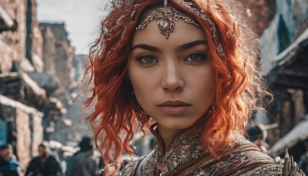 1girl,solo,long hair,looking at viewer,brown eyes,jewelry,closed mouth,red hair,earrings,outdoors,solo focus,armor,mole,blurry,lips,looking to the side,grey eyes,eyelashes,makeup,depth of field,blurry background,wavy hair,looking away,tiara,portrait,mole under mouth,snow,freckles,curly hair,circlet,realistic,parted lips,artist name,orange hair,mole on cheek