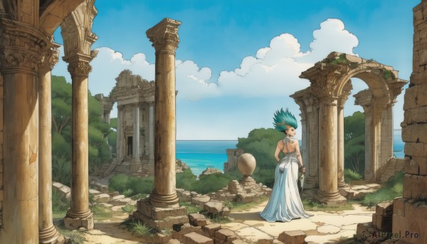 1girl,solo,long hair,1boy,dress,jewelry,blue hair,standing,male focus,outdoors,green hair,sky,day,pointy ears,cloud,water,necklace,from behind,white dress,tree,blue sky,aqua hair,ocean,grass,spiked hair,scenery,topless male,rock,arms at sides,horizon,ruins,wide shot,pillar,column,short hair