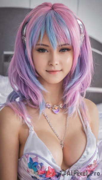 1girl,solo,long hair,breasts,looking at viewer,smile,bangs,large breasts,dress,cleavage,bare shoulders,jewelry,medium breasts,closed mouth,blue hair,swimsuit,upper body,pink hair,heart,bikini,multicolored hair,medium hair,necklace,black eyes,two-tone hair,lips,grey eyes,eyelashes,headphones,white bikini,floral print,realistic