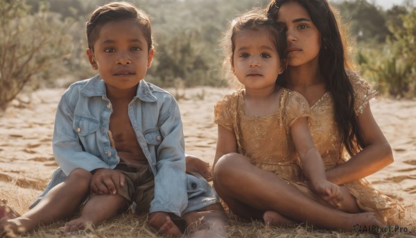 1girl,long hair,looking at viewer,short hair,multiple girls,brown hair,black hair,1boy,dress,2girls,brown eyes,sitting,jacket,short sleeves,hetero,outdoors,open clothes,shorts,barefoot,day,dark skin,mole,blurry,dark-skinned female,tree,loli,blurry background,siblings,dark-skinned male,grass,denim,child,freckles,age difference,twins,realistic,brother and sister,female child,male child,yellow dress,denim jacket,shirt,long sleeves,parted lips,multiple boys,open jacket,lips,blue jacket,denim shorts,jeans,on ground,dirty,father and daughter,family,mother and son