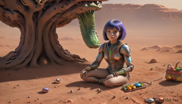 1girl,solo,smile,short hair,bangs,hair ornament,brown eyes,jewelry,sitting,blue hair,purple hair,outdoors,food,barefoot,teeth,dark skin,blunt bangs,armor,bracelet,dark-skinned female,tree,lips,fruit,bob cut,science fiction,monster,anklet,apple,indian style,on ground,desert,dinosaur,looking at viewer,full body,signature,robot,rock,realistic,fantasy,sand,basket,joints,egg,cyborg,alien,tribal