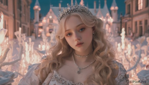 1girl,solo,long hair,breasts,looking at viewer,blue eyes,blonde hair,dress,cleavage,jewelry,upper body,earrings,outdoors,parted lips,sky,solo focus,puffy sleeves,necklace,white dress,blurry,lips,blood,depth of field,blurry background,wavy hair,tiara,crown,gem,curly hair,realistic,candle,castle,pearl necklace,princess,flower,choker,armor,mole,head tilt,night,building,portrait,freckles,nose,fantasy