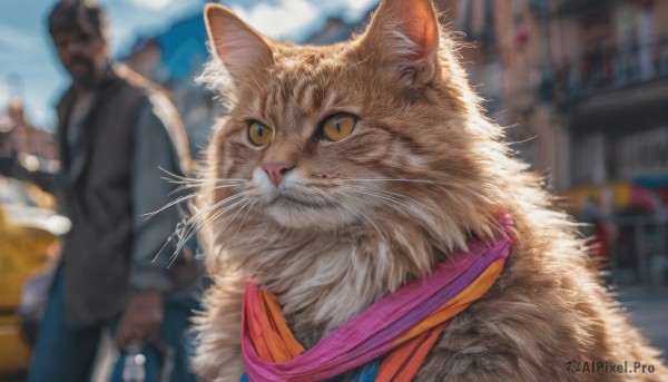 yellow eyes, outdoors, sky, day, signature, blurry, no humans, depth of field, blurry background, animal, cat, slit pupils, realistic, animal focus, whiskers