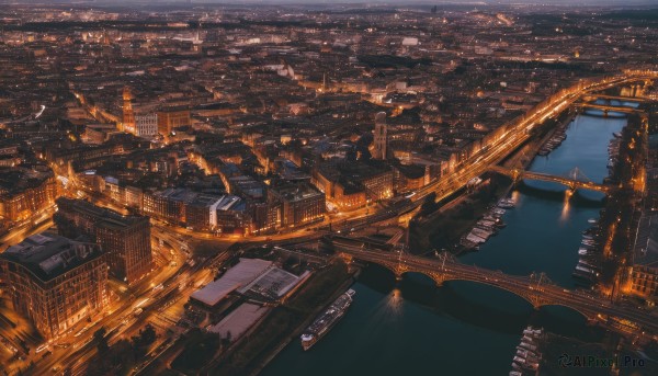 outdoors,sky,water,no humans,night,from above,building,scenery,science fiction,city,cityscape,watercraft,bridge,river,skyscraper,boat,city lights,lights,bird,ocean,ground vehicle,motor vehicle,horizon,ship,crane (machine),dock