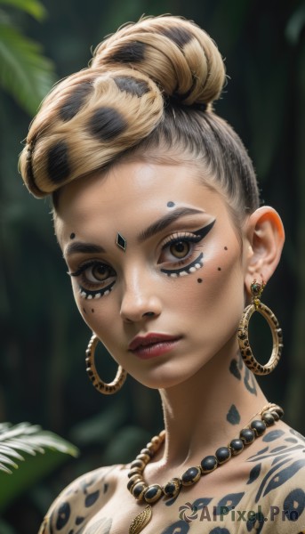 1girl,solo,breasts,looking at viewer,short hair,blonde hair,cleavage,brown eyes,jewelry,closed mouth,upper body,multicolored hair,earrings,necklace,hair bun,mole,blurry,two-tone hair,lips,eyelashes,mole under eye,tattoo,makeup,blurry background,facial mark,piercing,single hair bun,portrait,freckles,hoop earrings,nose,leaf,plant,eyeshadow,realistic,tribal