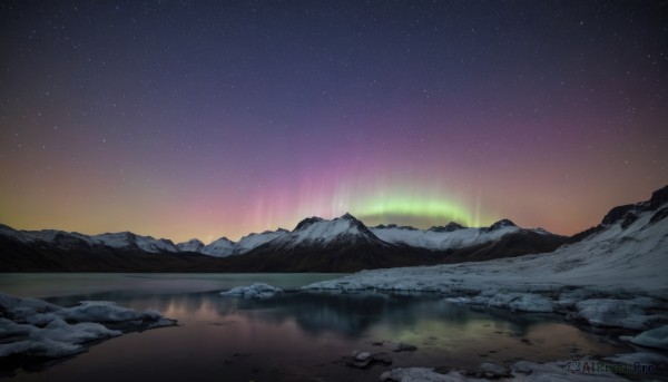 outdoors,sky,water,no humans,night,star (sky),night sky,scenery,starry sky,reflection,rock,mountain,river,landscape,mountainous horizon,lake,aurora,sunset,gradient sky,milky way