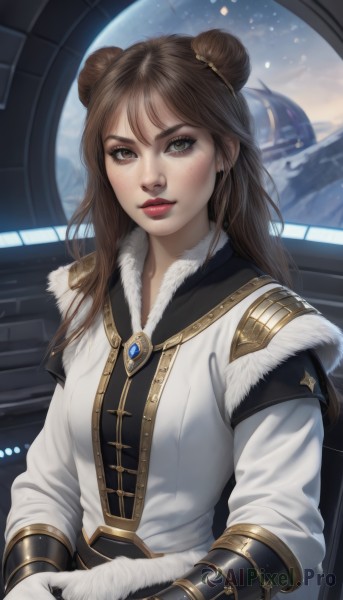 1girl,solo,long hair,breasts,looking at viewer,bangs,brown hair,gloves,long sleeves,brown eyes,jewelry,sitting,upper body,earrings,white gloves,hair bun,lips,fur trim,double bun,makeup,lipstick,freckles,realistic,nose,red lips,space,blush,parted lips,artist name