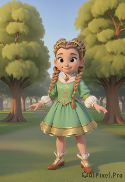 1girl,solo,long hair,looking at viewer,smile,skirt,brown hair,long sleeves,dress,brown eyes,jewelry,closed mouth,standing,full body,braid,hairband,outdoors,sky,shoes,day,socks,puffy sleeves,black eyes,twin braids,tree,blue sky,brown footwear,grass,green skirt,child,green dress,female child,green eyes,artist name,aged down,white socks