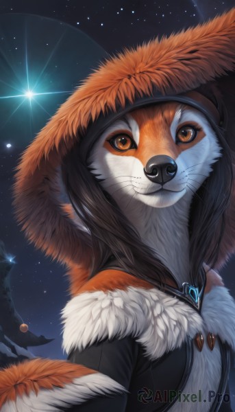 1girl,solo,looking at viewer,hat,bare shoulders,brown eyes,jewelry,closed mouth,upper body,sky,artist name,signature,hood,necklace,off shoulder,orange eyes,fur trim,no humans,night,animal,feathers,star (sky),night sky,furry,starry sky,furry female,fur,whiskers,orange fur,smile,black hair,tree,watermark,web address,pendant,shooting star