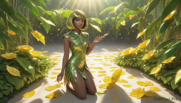 1girl,solo,breasts,looking at viewer,smile,short hair,bangs,blonde hair,dress,brown eyes,closed mouth,full body,flower,small breasts,outdoors,barefoot,sleeveless,day,dark skin,dark-skinned female,lips,petals,bare legs,kneeling,swept bangs,shadow,leaf,sunlight,bob cut,bug,plant,nature,light particles,forest,green dress,light rays,realistic,nose,sunbeam,dappled sunlight,sitting,parted lips,green hair,sleeveless dress,minigirl,fantasy