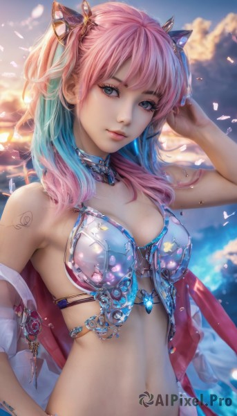 1girl,solo,long hair,breasts,looking at viewer,bangs,blue eyes,hair ornament,navel,cleavage,bare shoulders,jewelry,medium breasts,closed mouth,blue hair,swimsuit,upper body,pink hair,bikini,multicolored hair,earrings,outdoors,sky,artist name,cloud,stomach,blurry,arm up,bracelet,two-tone hair,two side up,lips,hand on hip,petals,tattoo,gradient hair,gem,realistic,bikini armor,twintails,choker,day,armpits,armor,watermark,cloudy sky,bikini top only,web address,hand in own hair,pink lips,nose,hand on own head