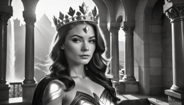 1girl,solo,long hair,breasts,looking at viewer,cleavage,medium breasts,closed mouth,collarbone,monochrome,upper body,greyscale,cape,lips,tiara,crown,gem,forehead jewel,pillar,column,jewelry,facial mark,portrait,realistic