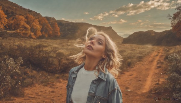 1girl,solo,long hair,open mouth,blonde hair,shirt,brown eyes,jewelry,jacket,white shirt,upper body,earrings,outdoors,open clothes,sky,teeth,day,cloud,medium hair,open jacket,tree,lips,looking away,looking up,denim,blue jacket,nature,scenery,smoke,cigarette,mountain,realistic,smoking,looking afar,leather,autumn,mountainous horizon,leather jacket,denim jacket,short hair,parted lips,sunlight,sunset,river,landscape