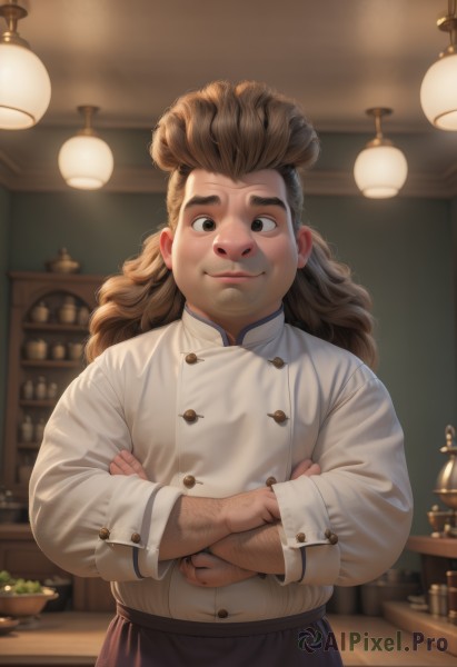 solo,long hair,looking at viewer,smile,brown hair,shirt,long sleeves,1boy,brown eyes,closed mouth,standing,white shirt,upper body,male focus,food,indoors,blurry,apron,buttons,blurry background,crossed arms,waist apron,lamp,fat,fat man,arm hair,ceiling light,chef,artist name,lips,depth of field,facial hair,watermark,thick eyebrows,web address,realistic,nose,counter