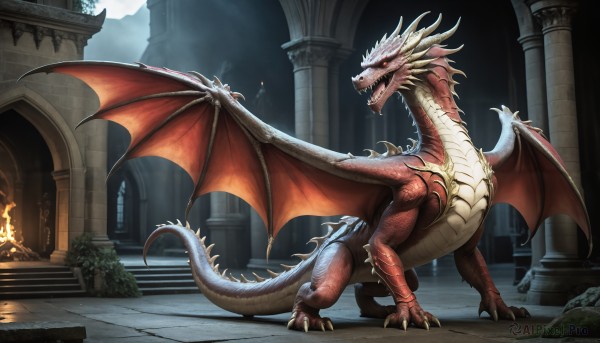 A majestic monster within a vivid fiery outdoors
