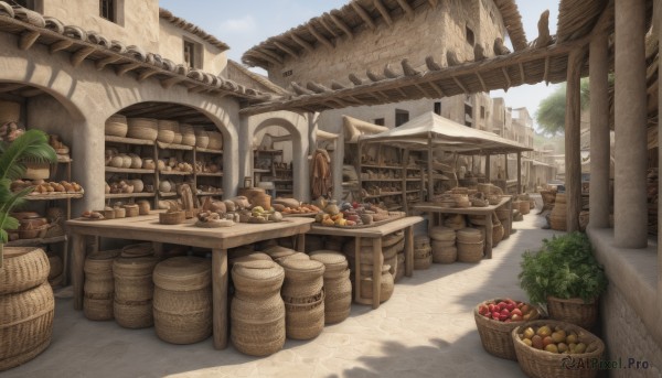 outdoors,food,day,tree,no humans,window,fruit,plant,building,scenery,fantasy,apple,basket,road,bread,shop,barrel,pavement,sky,blue sky,shadow,potted plant,house,arch,crate