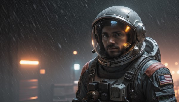 solo,looking at viewer,black hair,1boy,brown eyes,upper body,male focus,outdoors,dark skin,armor,blurry,uniform,black eyes,military,night,blurry background,facial hair,dark-skinned male,backpack,helmet,beard,rain,realistic,american flag,closed mouth,sky,lips,portrait,science fiction,serious,mustache,pilot suit,spacesuit,japanese flag,walkie-talkie,united states,astronaut