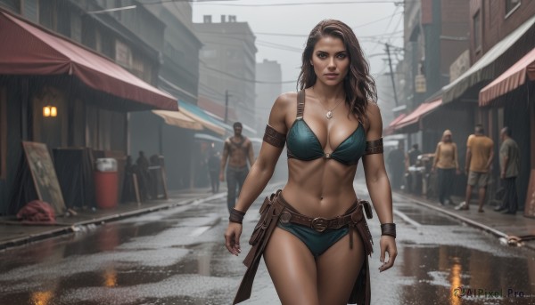 1girl,long hair,breasts,looking at viewer,large breasts,brown hair,black hair,navel,cleavage,bare shoulders,brown eyes,jewelry,medium breasts,closed mouth,standing,collarbone,swimsuit,bikini,cowboy shot,outdoors,multiple boys,solo focus,midriff,belt,dark skin,water,necklace,stomach,bracelet,dark-skinned female,lips,fingernails,ground vehicle,building,wristband,armband,motor vehicle,armlet,o-ring,walking,rain,6+boys,toned,faceless male,realistic,arms at sides,car,road,power lines,street,puddle,weapon,sky,day,artist name,blurry,makeup,watermark,abs,lipstick,scenery,bikini top only,web address,pendant,pouch,city,sign,crowd,barrel,people