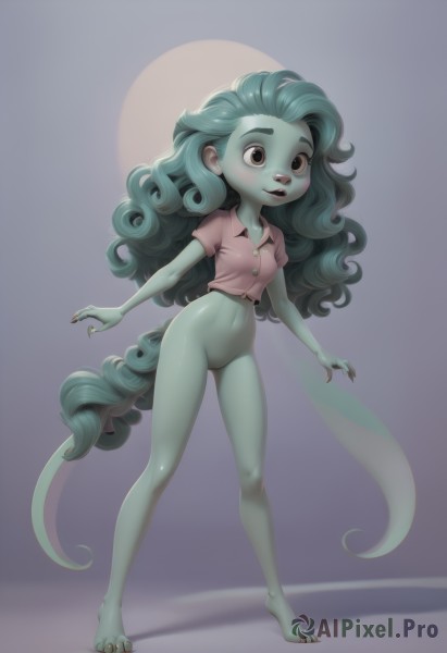 1girl,solo,long hair,breasts,looking at viewer,open mouth,shirt,navel,brown eyes,very long hair,standing,tail,full body,short sleeves,small breasts,green hair,barefoot,artist name,grey background,black eyes,aqua hair,bottomless,colored skin,monster girl,claws,toenails,curly hair,petite,green skin,no pussy,smile,simple background,parted lips,teeth,lips,fingernails,toes,buttons,ass visible through thighs,looking away,pink shirt,fairy wings,fairy