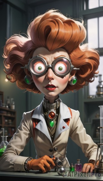 1girl,solo,looking at viewer,short hair,brown hair,gloves,jewelry,green eyes,upper body,earrings,glasses,indoors,orange hair,blurry,lips,makeup,blurry background,lipstick,goggles,freckles,curly hair,labcoat,red lips,big hair,crazy eyes,test tube,vial,potion,mole,gem