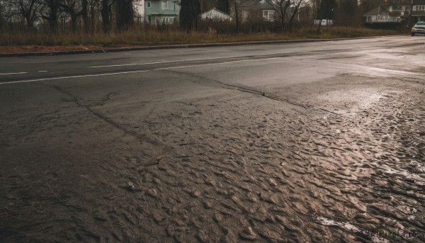 outdoors,day,tree,no humans,grass,ground vehicle,building,nature,scenery,motor vehicle,forest,sign,realistic,car,road,lamppost,street,real world location,sky,window,snow,fence,house,bare tree,road sign,truck