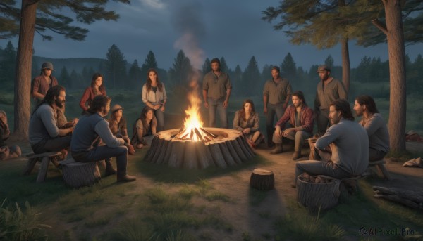 1girl,long hair,smile,multiple girls,brown hair,shirt,black hair,sitting,standing,boots,outdoors,food,multiple boys,sky,pants,tree,night,facial hair,crossed arms,grass,fire,nature,night sky,beard,forest,6+boys,mustache,indian style,cooking,log,tent,campfire,short hair,jacket,blue shirt,smoke