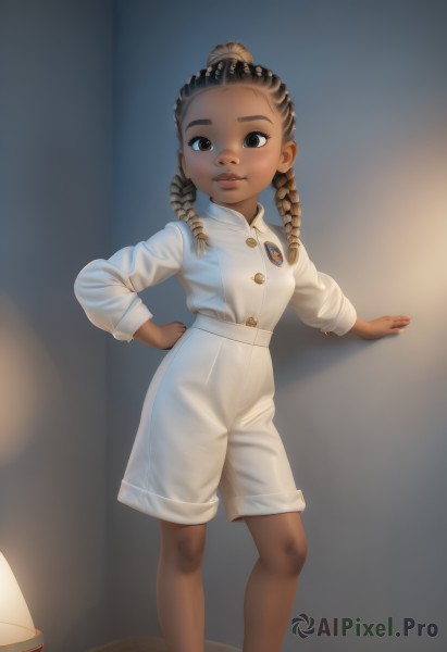 1girl,solo,long hair,looking at viewer,smile,brown hair,shirt,black hair,long sleeves,brown eyes,standing,white shirt,braid,parted lips,shorts,dark skin,medium hair,black eyes,twin braids,dark-skinned female,lips,hand on hip,buttons,blurry background,feet out of frame,child,forehead,white shorts,realistic,female child,very dark skin,dreadlocks,breasts,pussy,loli,shadow,thick eyebrows,nose,badge