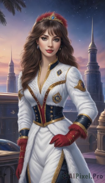 1girl,solo,long hair,breasts,looking at viewer,smile,brown hair,gloves,long sleeves,dress,cleavage,brown eyes,jewelry,medium breasts,standing,cowboy shot,earrings,outdoors,parted lips,sky,pants,signature,white dress,tree,lips,coat,hand on hip,fur trim,makeup,night,watermark,tiara,feathers,crown,lipstick,gem,star (sky),night sky,corset,red gloves,starry sky,palm tree,white coat,red lips,castle,diadem,bangs,hat,white jacket,building,curly hair,realistic,emblem,tower