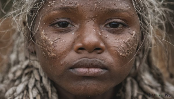 1girl,solo,long hair,looking at viewer,1boy,closed mouth,white hair,male focus,parted lips,teeth,blurry,black eyes,lips,portrait,close-up,realistic,blue eyes,eyelashes,depth of field,clenched teeth,freckles