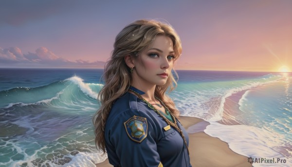 1girl,solo,long hair,breasts,looking at viewer,blush,blue eyes,blonde hair,jewelry,closed mouth,jacket,upper body,earrings,outdoors,sky,cloud,water,necklace,uniform,lips,ocean,wavy hair,beach,blue jacket,sunset,realistic,nose,sand,sun,horizon,waves,shore,bangs,brown hair,from side,sunlight,blue shirt