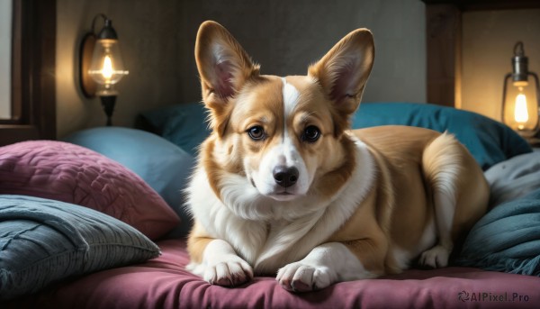 HQ,looking at viewer,blue eyes,lying,indoors,signature,pillow,no humans,window,bed,bed sheet,animal,on bed,on stomach,claws,dog,realistic,lamp,animal focus,solo,brown eyes,shiba inu