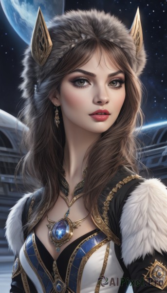 1girl,solo,long hair,breasts,looking at viewer,brown hair,hat,cleavage,brown eyes,jewelry,medium breasts,upper body,earrings,parted lips,sky,necklace,lips,fur trim,eyelashes,makeup,night,moon,lipstick,gem,star (sky),pendant,starry sky,realistic,nose,red lips,space,planet,earth (planet),animal ears,hood